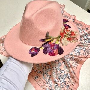 Embroidered floral pastel coral pink ranch hat w southwestern shabby chic vibe